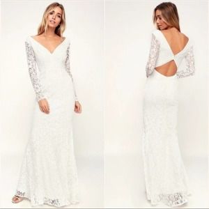 Lulus Natural Beauty Long Sleeve Lace Wedding Mermaid Maxi Dress Small